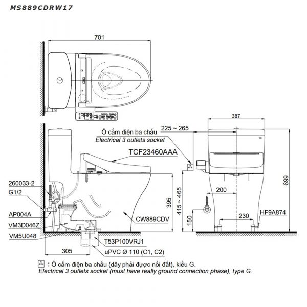 Ban ve ki thuat Bon cau thong minh TOTO MS889CDRW17XW nap rua thong minh TCF23460AAA