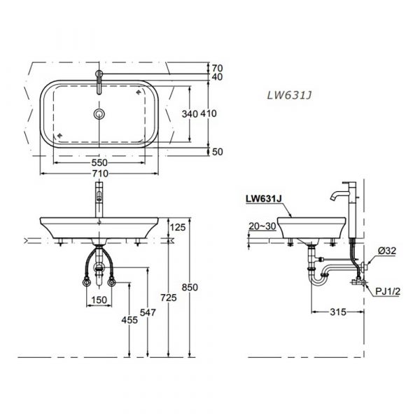 Ban ve ki thuat chau lavabo TOTO LW631JW F dat ban