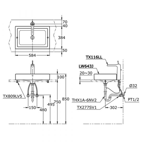 Ban ve ki thuat chau lavabo TOTO LW643JW F dat ban