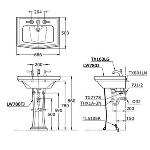 Ban ve ki thuat chau lavabo TOTO LW780J LW780FJ TX801LN TL510ERR treo tuong