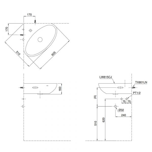 Ban ve ki thuat chau lavabo TOTO LW815CJW F treo tuong