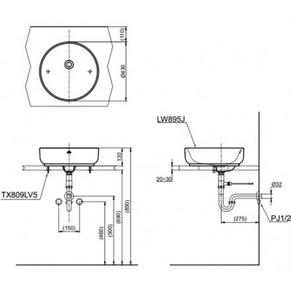 Ban ve ki thuat chau lavabo TOTO LW895JW F dat ban