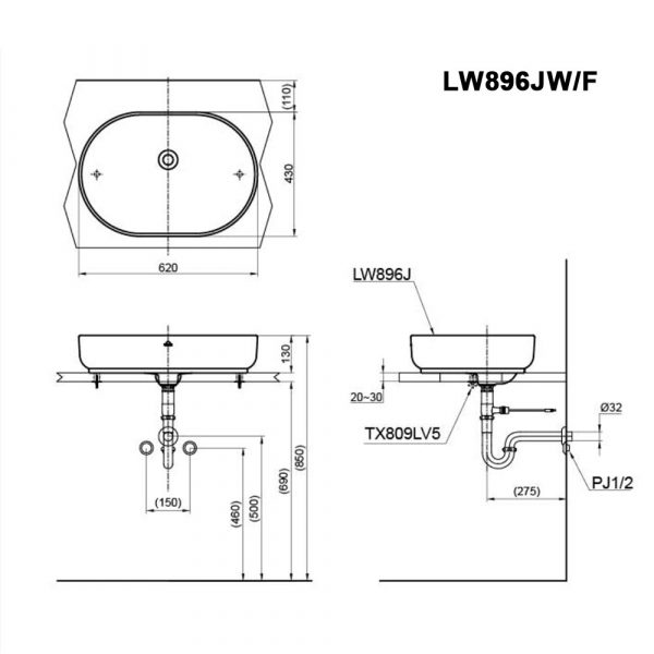 Ban ve ki thuat chau lavabo TOTO LW896JW F dat ban