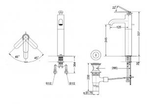 TOTO DL345A1R - Vòi lavabo nóng lạnh cổ cao 3 Ban ve ky thuat Voi lavabo TOTO DL345A1R nong lanh co cao