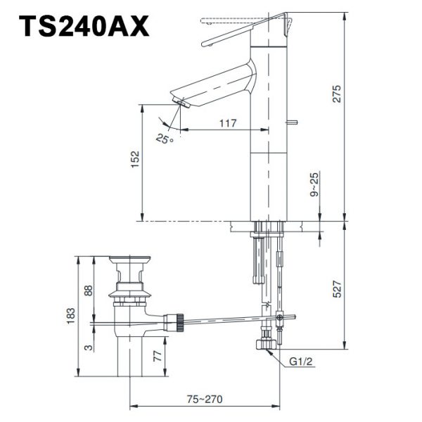 Ban ve ky thuat Voi lavabo TOTO TS240AX co cao nong lanh