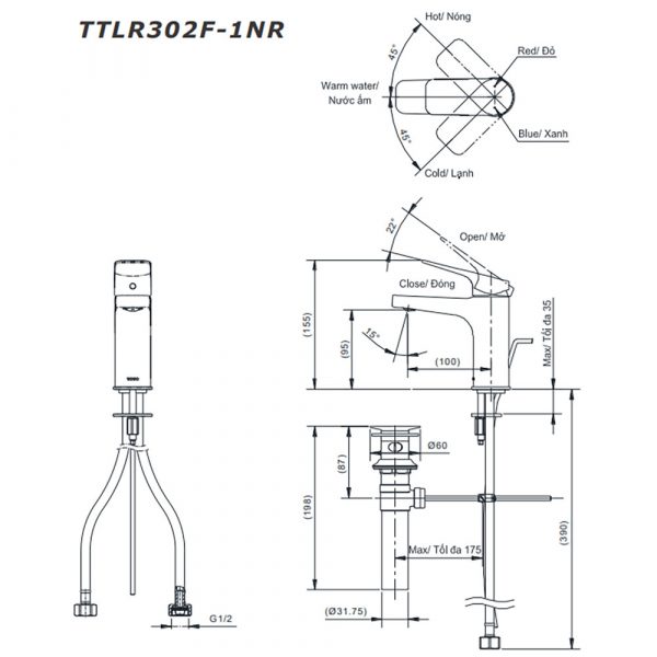 Ban ve ky thuat Voi lavabo TOTO TTLR302F 1NR nong lanh