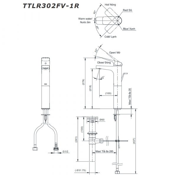 Ban ve ky thuat Voi lavabo TOTO TTLR302FV 1R co cao nong lanh Rei S