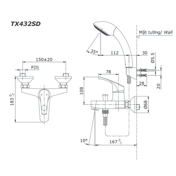 Ban ve ky thuat Voi sen tam TOTO TX432SDN nong lanh