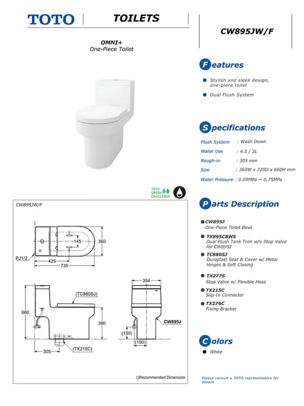 Thong so ki thuat bon cau 1 khoi TOTO CW895JW FW nap em