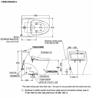 TOTO MS823DRW11#XW - Bồn cầu thông minh nắp rửa điện tử TCF4911Z 2 ban ve ki thuat bon cau 1 khoi toto cw823raw11 nap rua dien tu tcf4911z