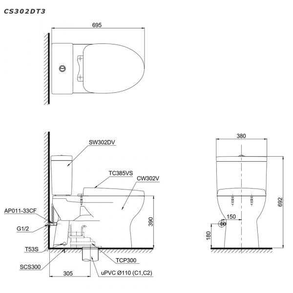 ban ve ky thuat Bon cau 2 khoi TOTO CS302DT3W nap em TC385VS