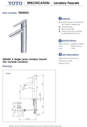 thong so ky thuat Voi lavabo TOTO TS240AX co cao nong lanh